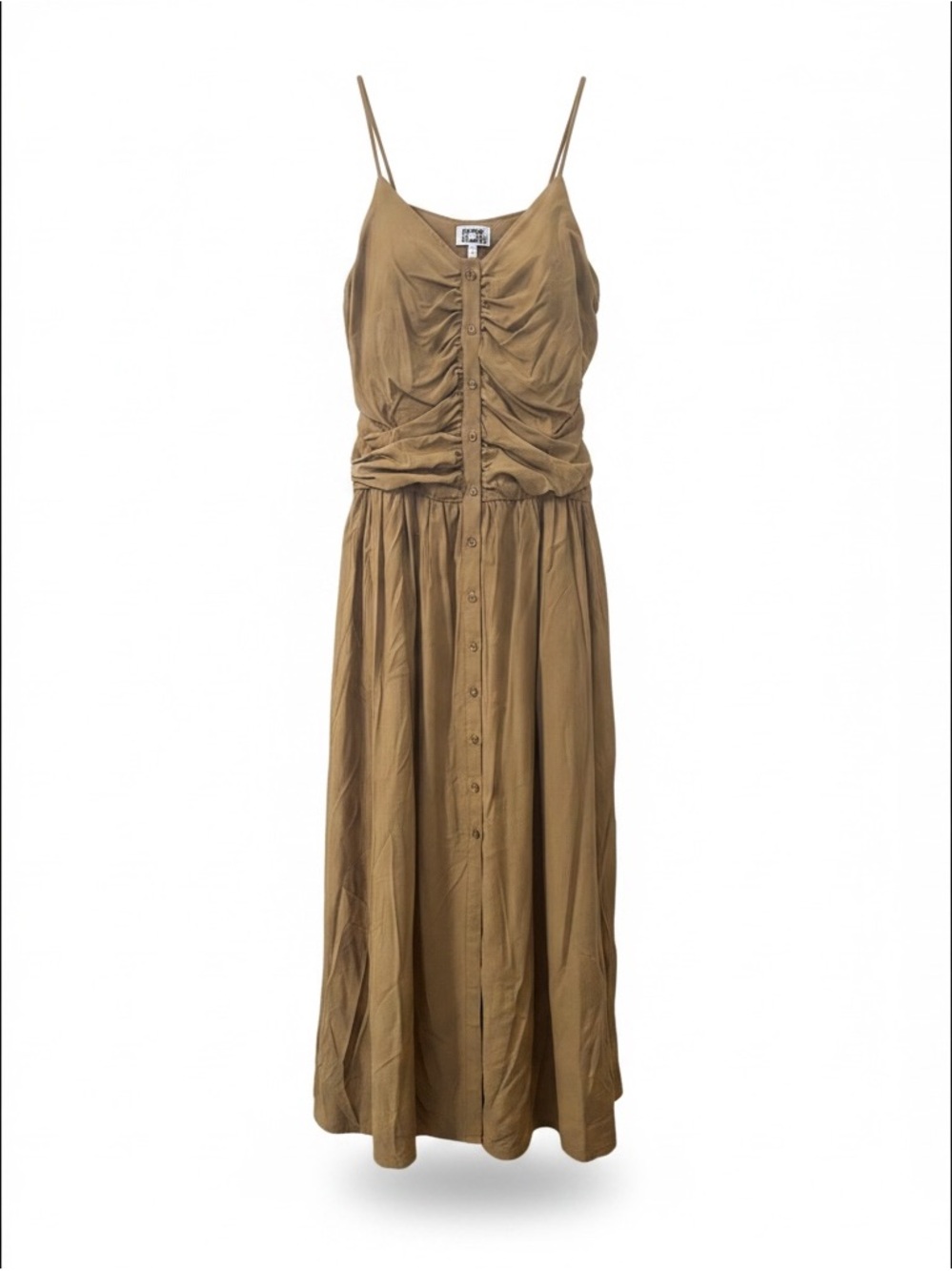 Ruched Button-Front Maxi Dress in Tan